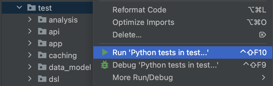 Pycharm run python tests