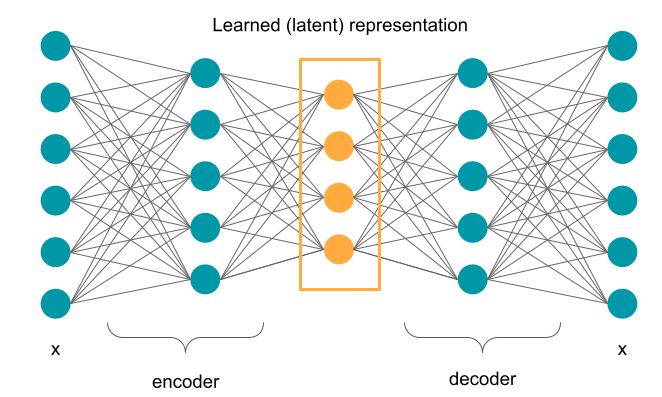 a neural network consist of encoder and decoder part where the middle layer between these two is the learned latent representation and the first and the last layer of the network both correspond to the input data X.